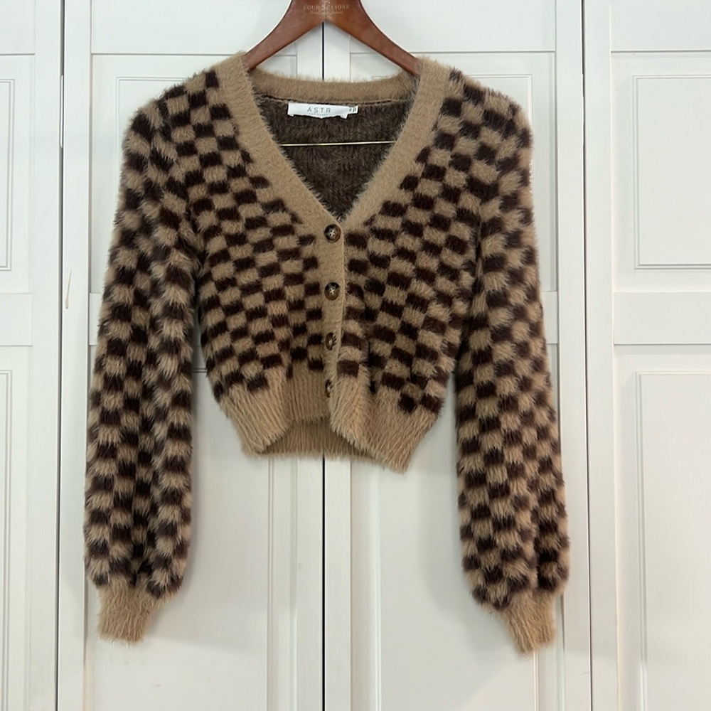 Astr Brown and Tan Checkered Fuzzy V‑Neck Cardigan